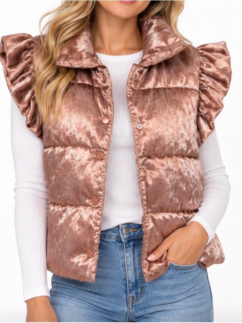 Grace + Emma Champagne Shimmer Rose Gold Ruffle Sleeve Puffer Vest Medium M